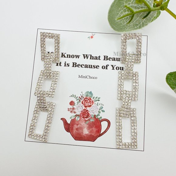 Silver Tone Rhinestone Rectangle Chain Link Earrings - Picture 5 of 10